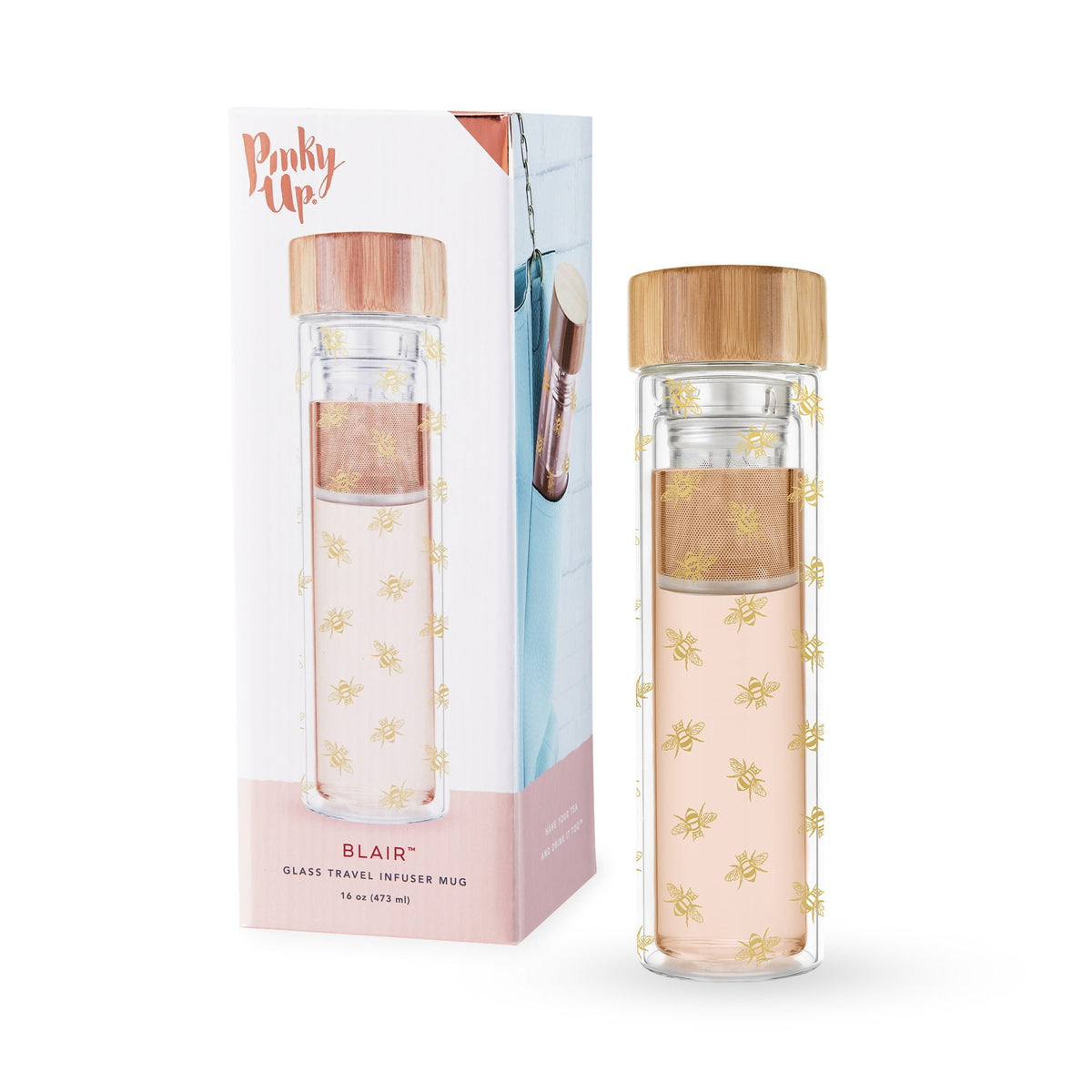 Lunabuddy™ Pinky Up Blair Travel Tea Infuser Mug, Tea Tumbler Tea Accessories 16oz Bee