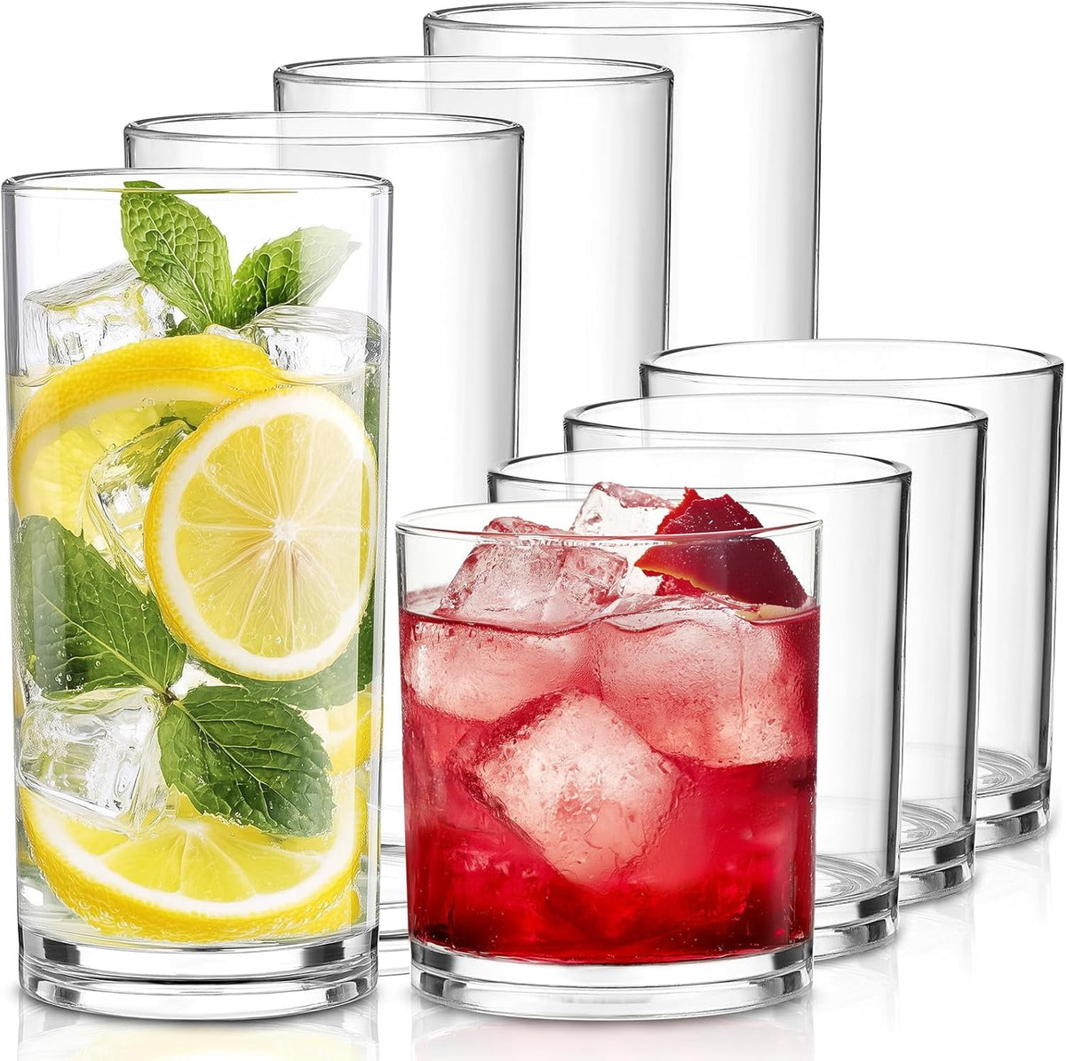 Lunabuddy™ Plastic Drinking Glasses Set of 8 14oz Rocks & 20oz Water Cups Unbreakable Drinkware Clear Kitchen Tumblers for Home Outdoors Reusable BPA-Free Top-Rack Dishwasher Safe