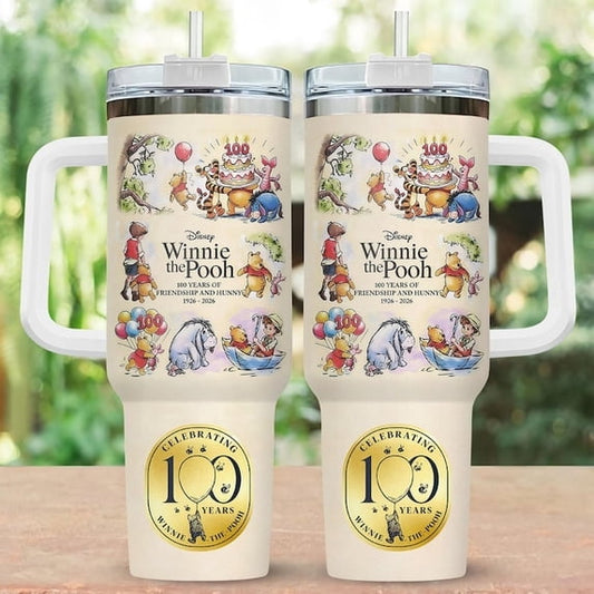 Lunabuddy™ Pooh 100th Anniversary 40oz Tumbler with Handle, 100 Years of Friendship Centennial Travel Mug, Large Insulated Stainless Steel Cup, Classic Vintage Character Gift, 40oz Water Bottle with Straw