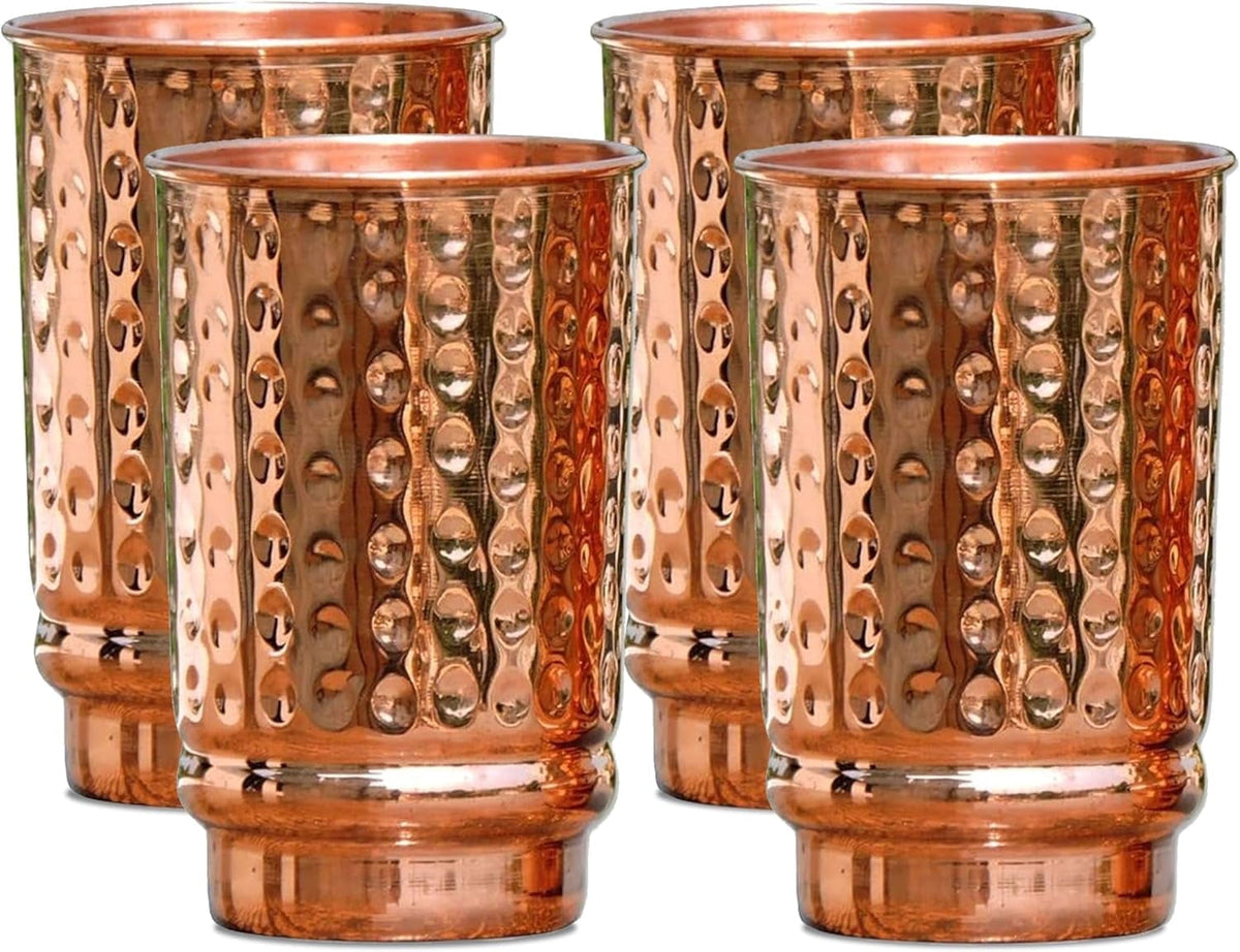 Lunabuddy™ Pure Copper Hammered Tumblers Set of 4 | 350ml (11.8oz) | Handmade Ayurvedic Drinkware for Health & Wellness | Travel Copper Cups