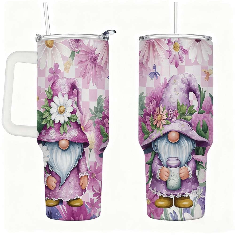 Lunabuddy™ Purple Floral Gnome Stainless Steel Tumbler with Handle and Straw, Insulated Travel Mug for Women, Cute Spring Flower Cup Gift