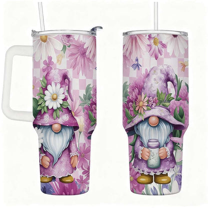 Lunabuddy™ Purple Floral Gnome Stainless Steel Tumbler with Handle and Straw, Insulated Travel Mug for Women, Cute Spring Flower Cup Gift
