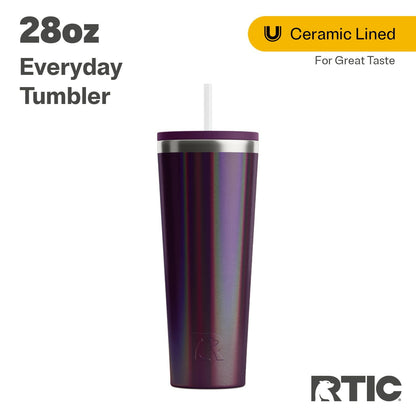 Lunabuddy™ 28 oz Ceramic Lined Everyday Tumbler, Spill-Resistant Straw Lid, Plum Glitter