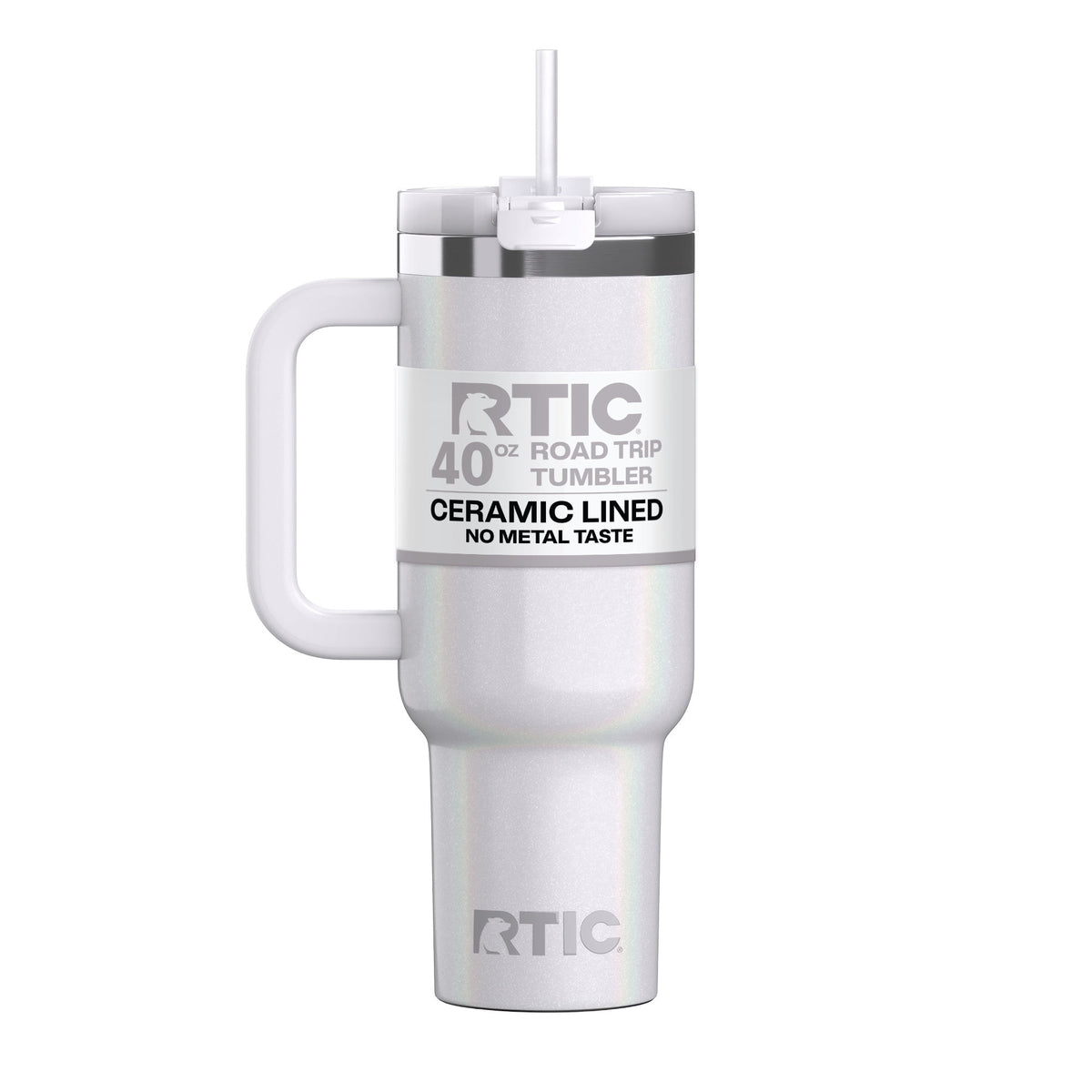 Lunabuddy™ 40 oz Ceramic Lined Road Trip Tumbler with Handle and Leak-Resistant Straw Lid, White Glitter