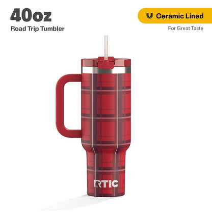 Lunabuddy™ 40 oz Ceramic Lined Road Trip Tumbler, Leak-Resistant Straw Lid, Christmas, Holiday, Red Plaid