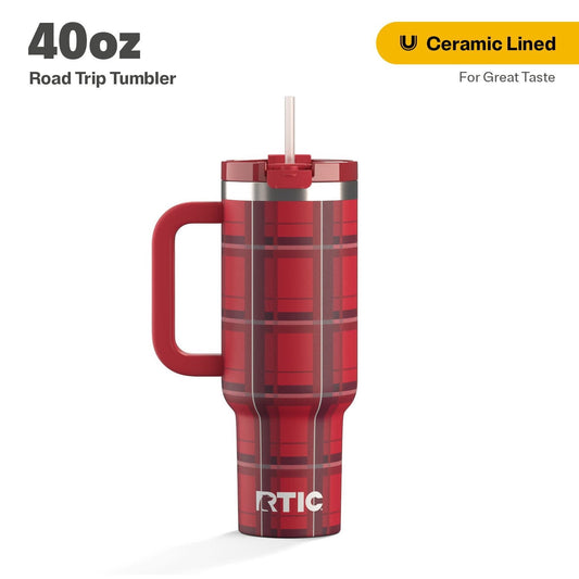 Lunabuddy™ 40 oz Ceramic Lined Road Trip Tumbler, Leak-Resistant Straw Lid, Christmas, Holiday, Red Plaid