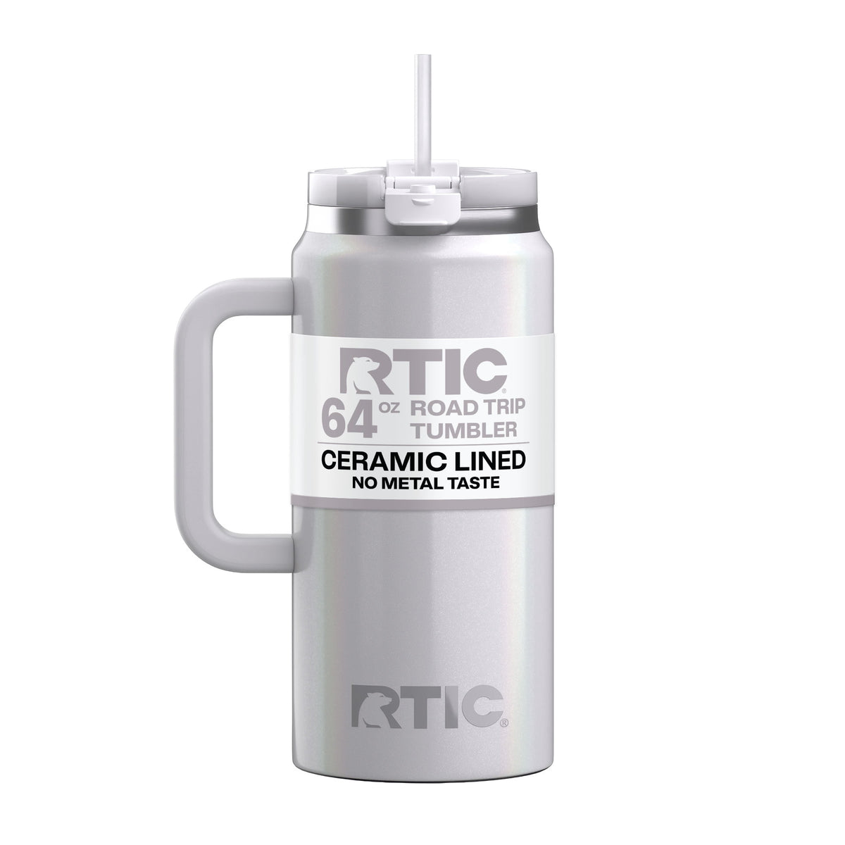 Lunabuddy™ 64 oz Ceramic Lined Road Trip Tumbler with Handle and Leak-Resistant Straw Lid, White Glitter