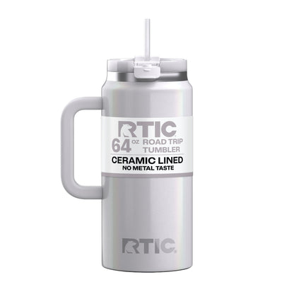 Lunabuddy™ 64 oz Ceramic Lined Road Trip Tumbler with Handle and Leak-Resistant Straw Lid, White Glitter