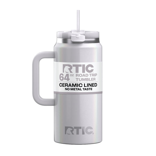 Lunabuddy™ 64 oz Ceramic Lined Road Trip Tumbler with Handle and Leak-Resistant Straw Lid, White Glitter