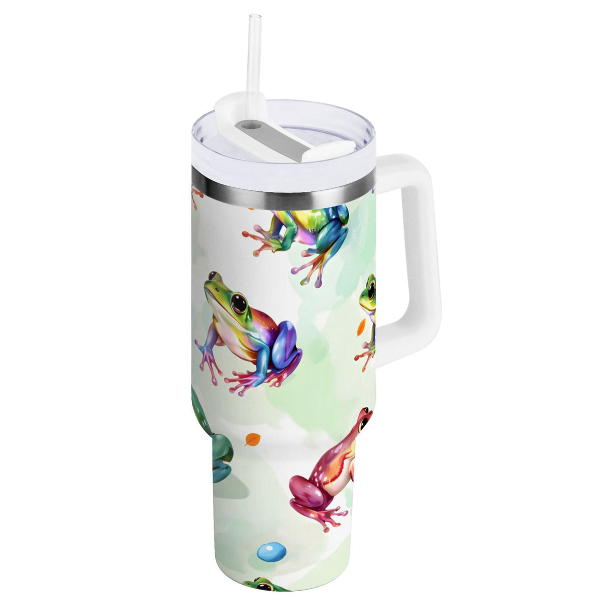 Lunabuddy™ Ryvnso 40 oz Tumbler with Handle and Straw Cartoon Frogs Green Insulated Stainless Steel Travel Mug with Lid