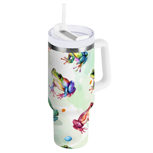 Lunabuddy™ Ryvnso 40 oz Tumbler with Handle and Straw Cartoon Frogs Green Insulated Stainless Steel Travel Mug with Lid