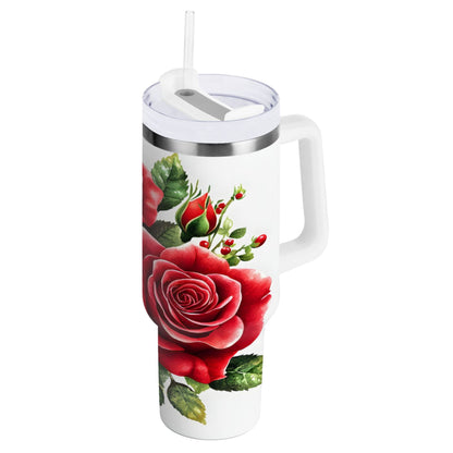 Lunabuddy™ Ryvnso 40 oz Tumbler with Handle and Straw Insulated Stainless Steel Travel Mug with Lid Roses Flower