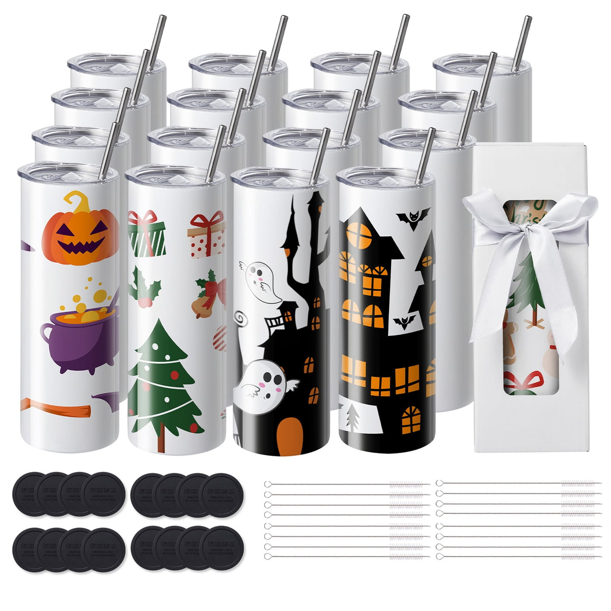 Lunabuddy™ KFFKFF 16-Piece 20oz Slim Sublimation Tumblers, Double-Walled Stainless Steel, Ideal for Custom Heat Transfer Designs, Includes Lids & Straws, Packaged in Gift Boxes