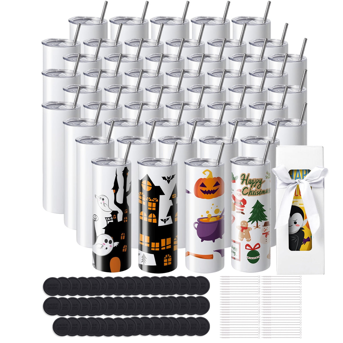Lunabuddy™ KFFKFF 50 Set 20oz Slim Straight Sublimation Tumblers, Double-Walled Stainless Steel, Ideal for Custom Heat Transfer Designs, Includes Lid & Straw, Packaged in Gift Boxes