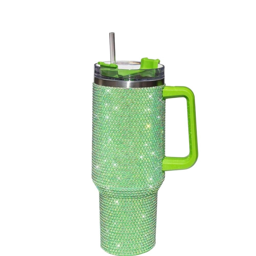 Lunabuddy™ STP GOODS Stainless Steel Rhinestone Insulated Tumbler with Handle Lid and Straw 40 fl oz (1200 ml) Double-Wall Travel Mug, Light Green