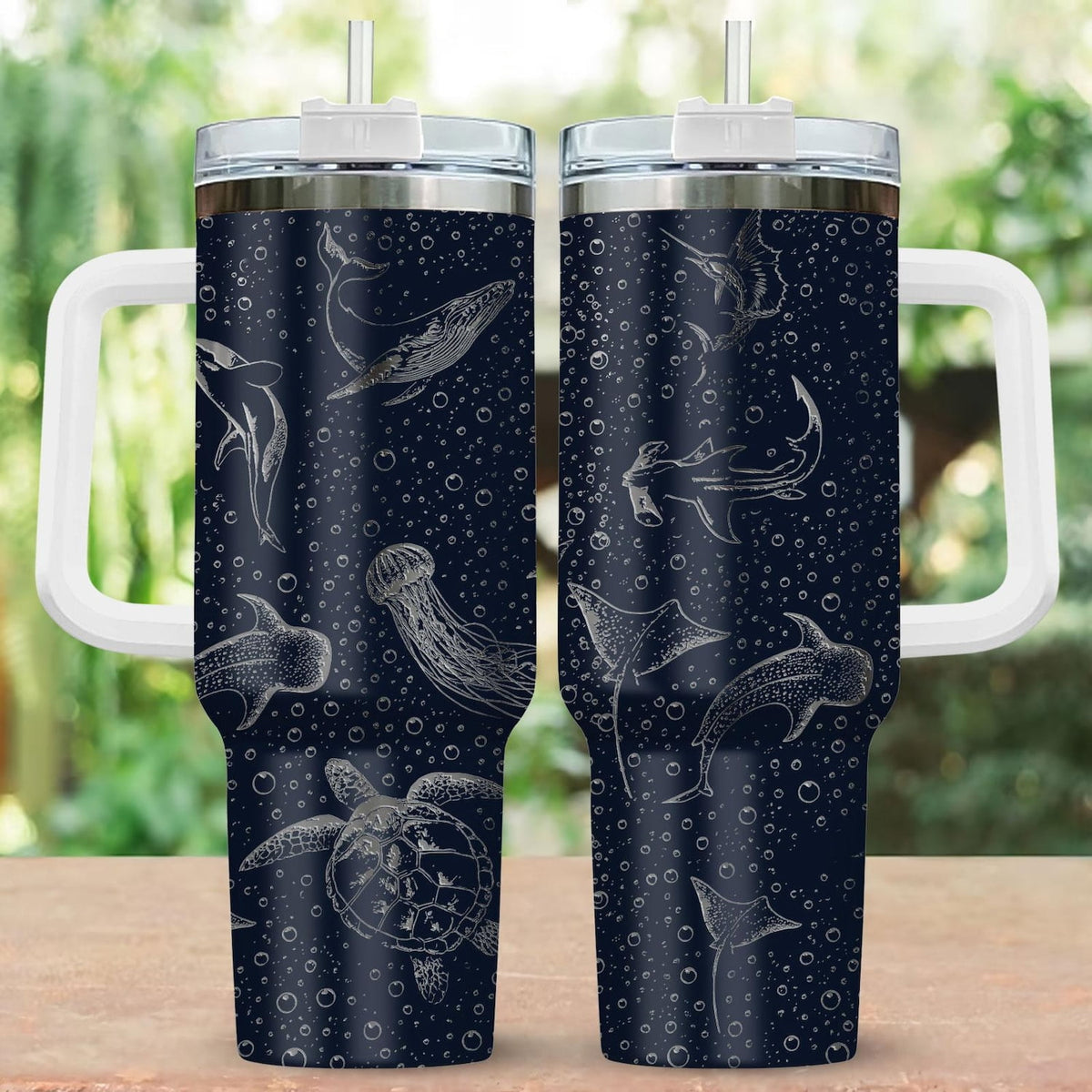 Lunabuddy™ Sea Animal Ocean Engraved Tumbler, Ocean Lover 40oz Tumbler, Deep Sea Shark Stainless Steel Tumbler, Beach Drinkware Tumbler For Fan