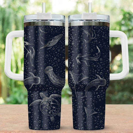 Lunabuddy™ Sea Animal Ocean Engraved Tumbler, Ocean Lover 40oz Tumbler, Deep Sea Shark Stainless Steel Tumbler, Beach Drinkware Tumbler For Fan