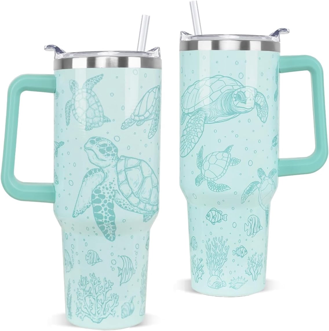 Lunabuddy™ Sea Turtle Tumbler with Handle and Straw 40 oz Turtle Cup Hawaiian Ocean Turtles Coffee Travel Mug Stainless Steel Insulated Water Bottle Sea Turtles Stuff Decor Gifts for Women