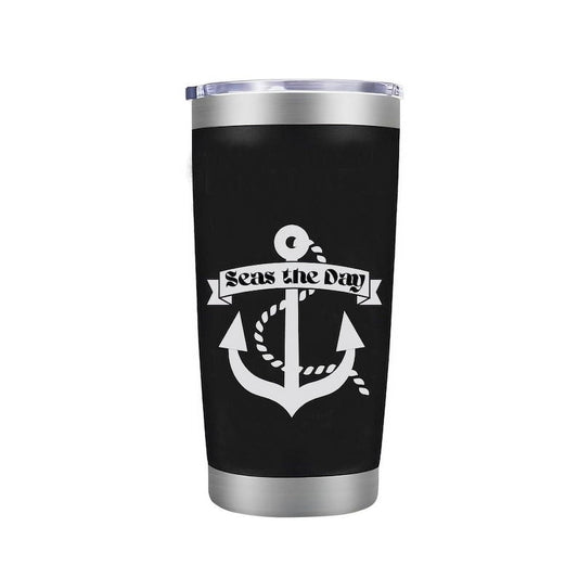 Lunabuddy™ Seas the Day - 20 oz - Cute Funny Nautical Themed Birthday Gift for Ocean Lovers & Sailors - Insulated Coffee Tumbler Cup with Sliding Lid