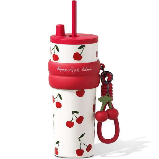 Lunabuddy™ 24 oz Stainless Steel Vacuum Insulated Coffee Travel Tumbler with Straw Lid, Red Cherry