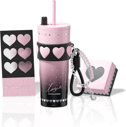 Lunabuddy™ 24oz Ceramic Coated Insulated Tumbler with Straw, Gift Travel Mug for Women and Couples, Pink