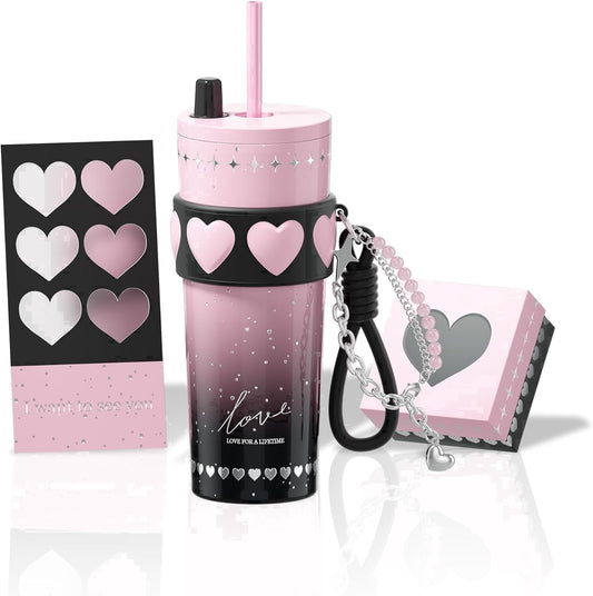 Lunabuddy™ 24oz Ceramic Coated Insulated Tumbler with Straw, Gift Travel Mug for Women and Couples, Pink