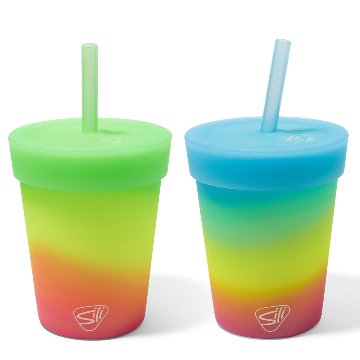 Lunabuddy™ Silipint: Kids Straw Tumblers 8oz: 2 Pack - Glow Blue Ombre & Glow Green Ombre - Silicone Unbreakable Cups w/ No Leak Lids, Hot & Cold Drinks
