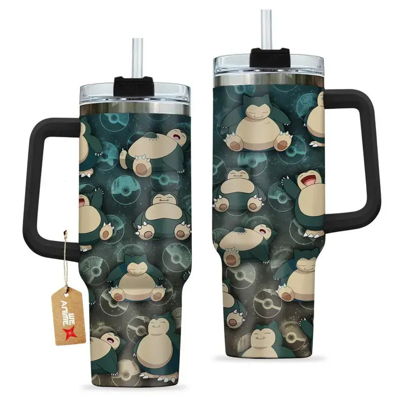 Lunabuddy™ Snorlax 40oz Stainless Steel Tumbler with Handle – Cute Anime Gaming Drinkware, Double Wall Iced Coffee Cup for Fans