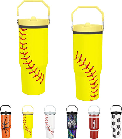 Lunabuddy™ Softball Lover Gift 30 oz Flip Straw Tumbler with Top Handle Softball Pattern BPA-Free Leak Proof Stainless Steel Insulated Vacuum Flip Top Water Bottle for Sporting Working
