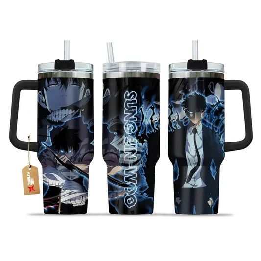 Lunabuddy™ Solo Leveling Sung Jin-Woo 40oz Stainless Steel Tumbler with Handle – Shadow Monarch Anime Travel Mug for Otaku & Gamers