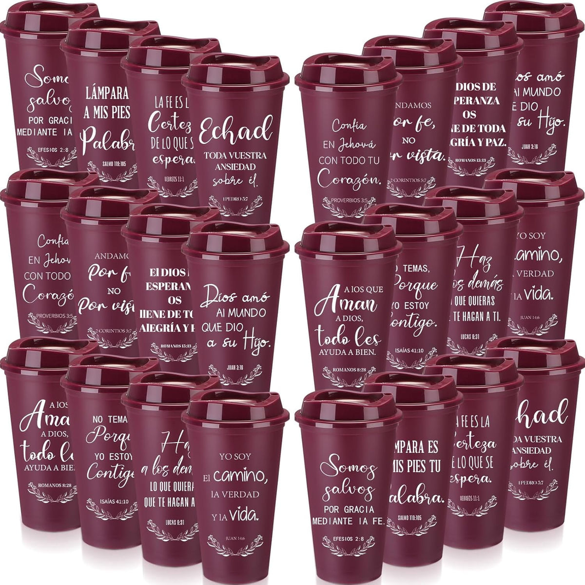 Lunabuddy™ Spanish Bible Verse Tumblers Bulk, 16 oz Reusable Christian Cups with Lids, Plastic Coffee Cups for Church Events, Bible Study, Sunday School, Teacher Appreciation(Wine Red,24)