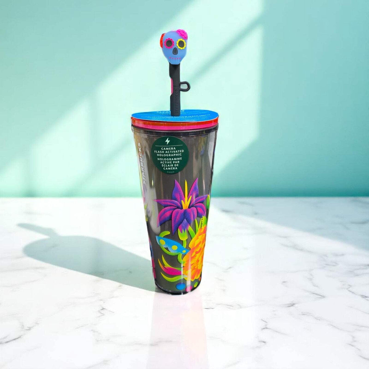 Lunabuddy™ Día De Los Muertos 2025 24oz Cold Cup Tumbler with Flash-Activated Hologram & Sugar Skull Straw Topper