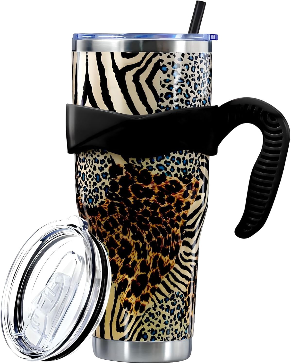 Lunabuddy™ Sunmdecor Pink Leopard Print Tumbler with Handle and Silicone Straws