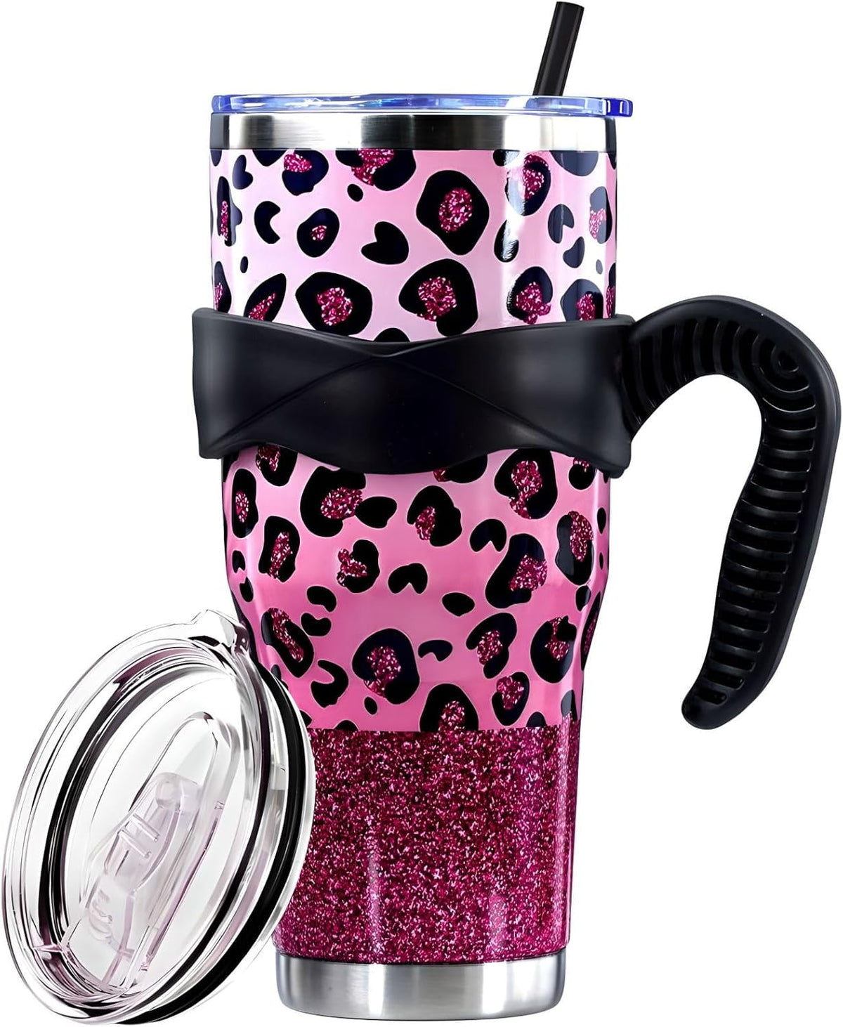 Lunabuddy™ Sunmdecor Pink Leopard Print Tumbler with Handle and Silicone Straws - 40 Oz Cheetah Insulated Tumbler - Leopard Cup Gift for Women