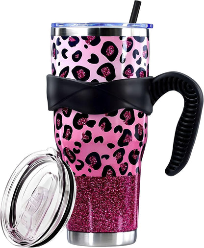 Lunabuddy™ Sunmdecor Pink Leopard Print Tumbler with Handle and Silicone Straws - 40 Oz Cheetah Insulated Tumbler - Leopard Cup Gift for Women