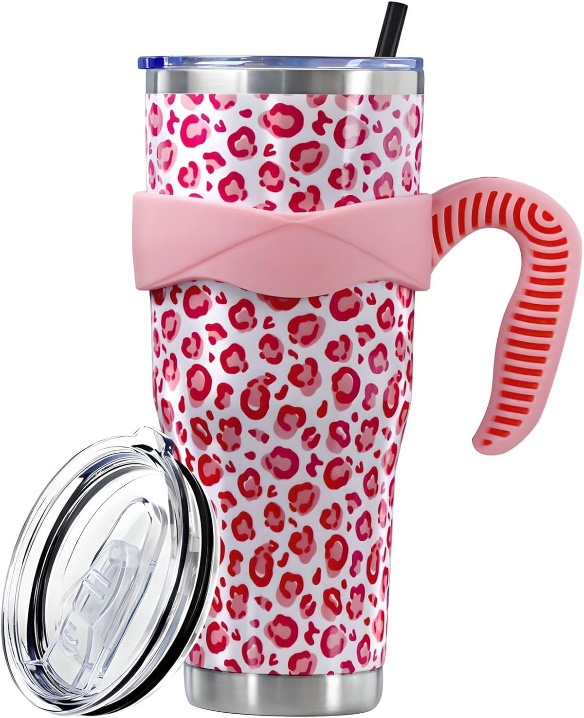 Lunabuddy™ Sunmdecor Pink Leopard Print Tumbler with Handle and Silicone Straws