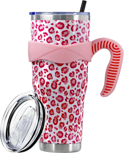 Lunabuddy™ Sunmdecor Pink Leopard Print Tumbler with Handle and Silicone Straws