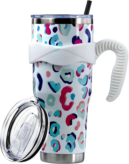 Lunabuddy™ Sunmdecor Pink Leopard Print Tumbler with Handle and Silicone Straws
