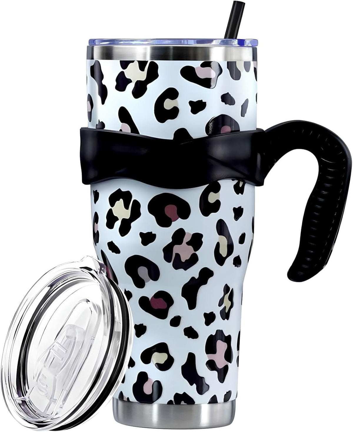 Lunabuddy™ Sunmdecor Pink Leopard Print Tumbler with Handle and Silicone Straws