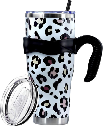 Lunabuddy™ Sunmdecor Pink Leopard Print Tumbler with Handle and Silicone Straws