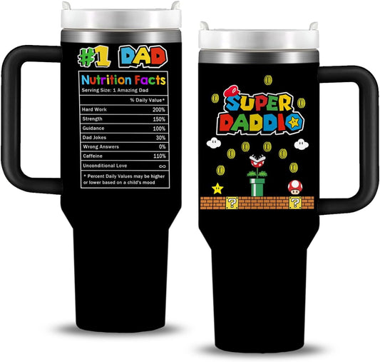 Lunabuddy™ Super Daddio Tumbler 40oz with Handle, Fathers Gifts from Daughter, Son, Kids, Best Dad Gifts, Dad Birthday Gift, Mens Gifts Funny Present for Dad Mug, Christmas Ideas for Super Daddy Gifts Cup
