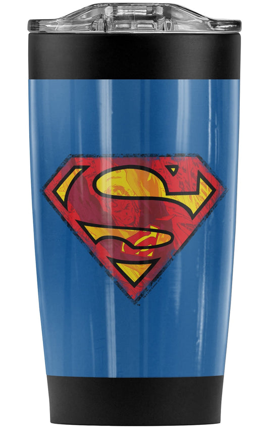 Lunabuddy™ Superman Action Shield Stainless Steel Tumbler 20 oz Coffee Travel Mug/Cup, Vacuum Insulated & Double Wall with Leakproof Sliding Lid | Great for Hot Drinks and Cold Beverages