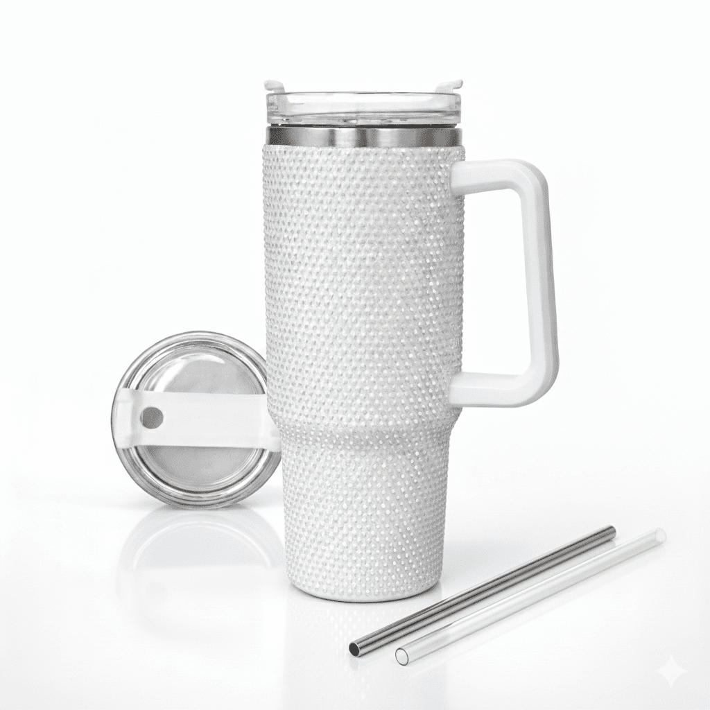 Lunabuddy™ Thirstee 40 oz Rhinestone Tumbler with Handle and Metal Straw Lid, White Bling Insulated Travel Mug