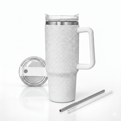 Lunabuddy™ Thirstee 40 oz Rhinestone Tumbler with Handle and Metal Straw Lid, White Bling Insulated Travel Mug