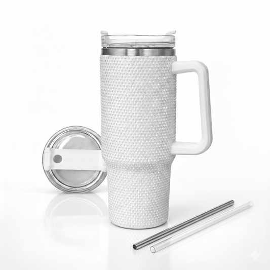 Lunabuddy™ Thirstee 40 oz Rhinestone Tumbler with Handle and Metal Straw Lid, White Bling Insulated Travel Mug