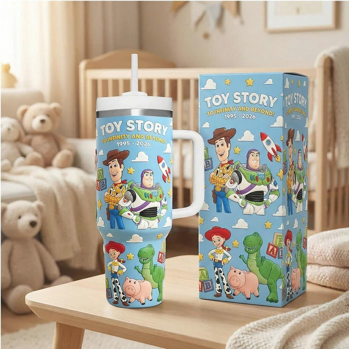 Lunabuddy™ Toy Adventure Anniversary 40oz Tumbler with Handle, Cowboy Toy and Space Ranger Travel Cup, Fairytale Infinity and Beyond Gift For Fan