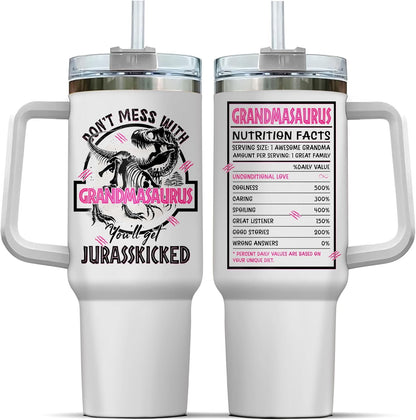 Lunabuddy™ Tumbler 40 Oz With Handle Lid And Straw, Grandmasaurus Nutrition Facts, Grandmasaurus Gifts, Nana Grandma Cups Coffee Handle Sippy Tumblers Granny Great Water Cup Grandmas