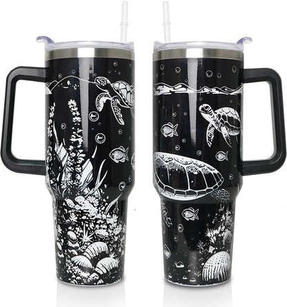 Lunabuddy™ 40 oz Tumbler with Handle and Straw Lid, Purple Butterfly Insulated