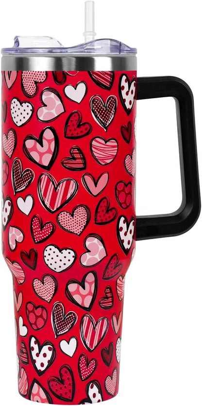 Lunabuddy™ Valentines Day Gifts 40 oz Tumbler with Handle and Straw Lid,Cute Valentine''s Day Gift for Her Women Girlfriend Wife Red Love Hearts Vacuum Insulated Leak Proof Stainless Steel Coffee Cup Mug