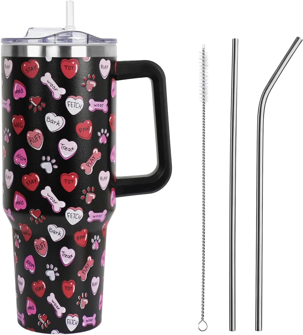 Lunabuddy™ Valentines Day Gifts 40 oz Tumbler with Handle and Straw Lid,Valentine''s Day Gift for Her Women Girlfriend Wife Dog Bones and Candy Hearts Vacuum Insulated Leak Proof Stainless Steel Coffee Cup Mug